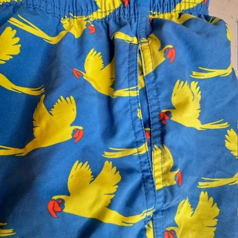 Tom & Teddy Flying Parrots Swim Shorts Men’s M Blue Yellow UPF 50 Mesh Lined